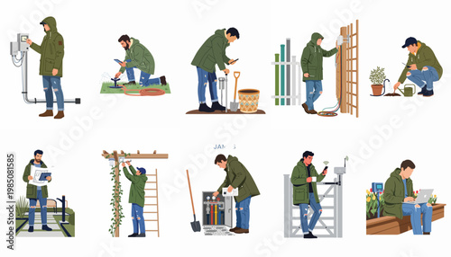 Set of illustrations depicting a technician installing and managing smart garden technology, irrigation systems, and outdoor automated equipment.
