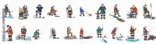 Set of flat illustrations showing indigenous Arctic people in traditional clothing performing activities like ice fishing, hunting, building igloos, and sledding.