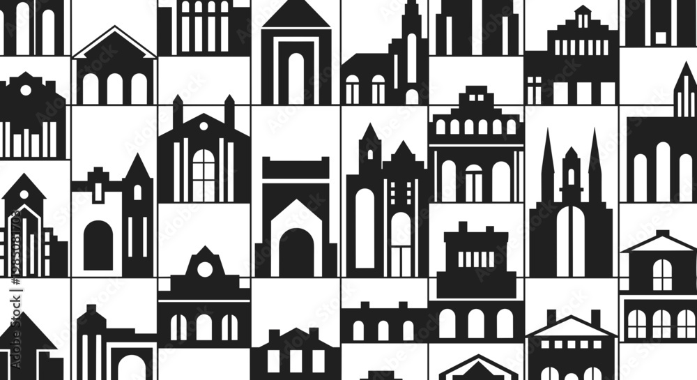 Naklejka premium Black and white city buildings icons.