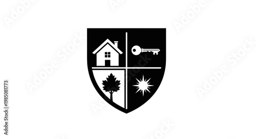 Black and white shield logo symbol.