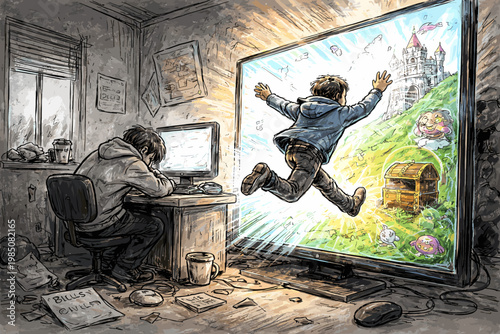 Vector doodle from icon game escaping concept emotional into reality imperfect uneven