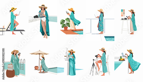 Set of minimalist illustrations showing a woman working remotely while on vacation at a tropical resort pool area, featuring various digital devices.