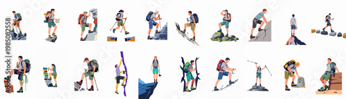Collection of diverse flat illustrations featuring people engaged in outdoor activities such as hiking, rock climbing, and mountain trekking with various equipment and gear.
