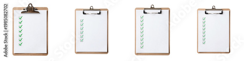 Various clipboards with sheets of paper and checkmarks organized on a black backdrop