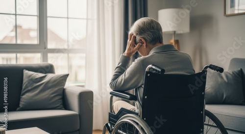 Elderly person sits in a wheelchair while feeling distressed at home.
