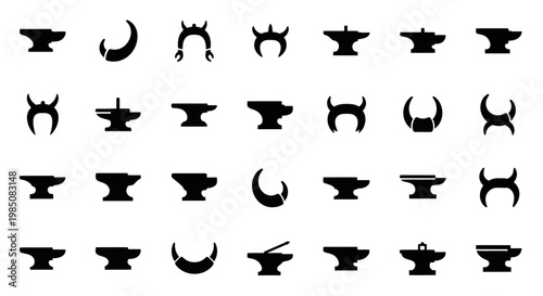 Black anvil, metal workshop, industrial icon set, 25 anvil symbols, vector graphics