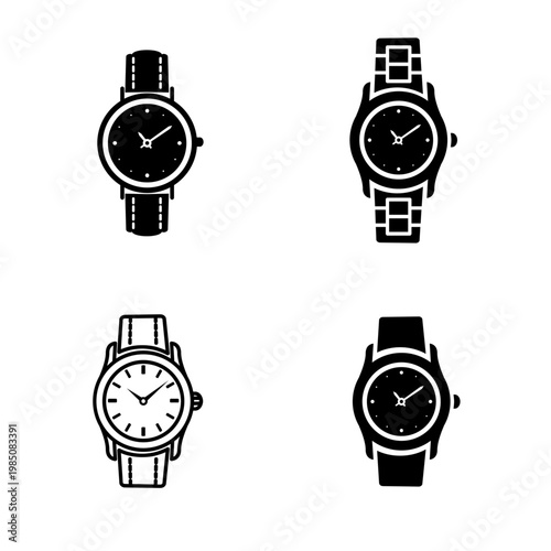 Wristwatch Icons Set: Black and White Vector Illustrations of Diverse Timepieces