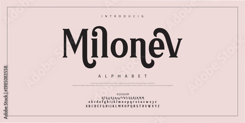 Milonev Elegant luxury abstract wedding fashion logo font alphabet. Minimal classic urban fonts for logo, brand etc. Typography typeface uppercase lowercase and number. vector illustration