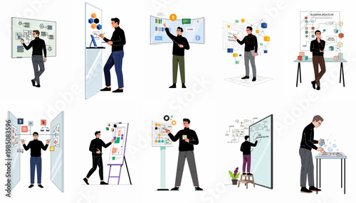 Set of illustrations depicting a male professional designing blockchain architectures, cryptocurrency flowcharts, and technology scaling solutions on various interactive and physical displays.