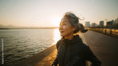 Happy Fit Senior Lady Exercising by the River, Golden Hour Urban Fitness Lifestyle