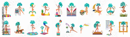 Collection of Brazilian carnival dancers in various festive poses and themed settings, featuring feathers, costumes, and tropical elements on white background.
