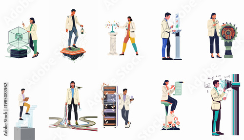 Collection of flat illustrations depicting diverse professionals interacting with advanced technology, concepts of innovation, data science, engineering, and future digital trends.