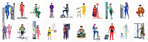 Set of flat vector illustrations featuring superheroes and futuristic characters performing various everyday tasks and professional activities.