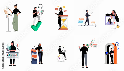Collection of business woman character illustrations depicting various professional activities like project management, data analysis, time tracking, and digital communication in flat style.