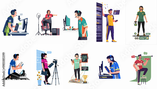 Collection of professional esports athletes and gaming streamers engaged in various activities, including broadcasting, playing, and celebrating victories, in a modern vector style.