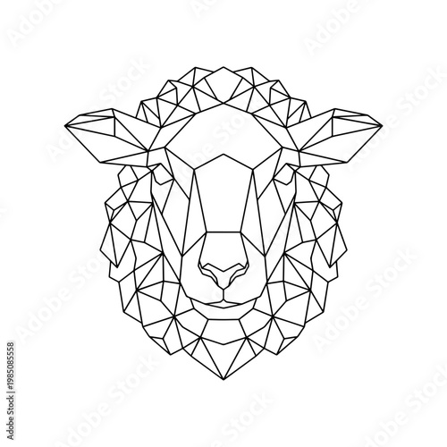 A minimalist black and white geometric illustration of a sheep head using low poly line art techniques, ideal for logos, tattoos, or modern decor.