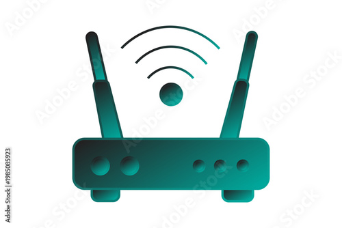 The illustration shows a wireless router with two prominent antennas angled outward.