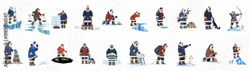 Flat vector illustrations of Arctic indigenous people engaged in traditional activities like ice fishing, hunting, and sledding in a snowy landscape.
