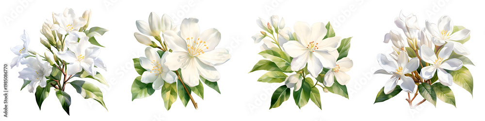 Naklejka premium Elegant white magnolia blossoms with greenery on a black background in watercolor style