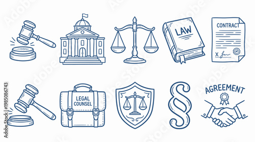 law and justice legal system doodle icon set hand drawn blue vector style