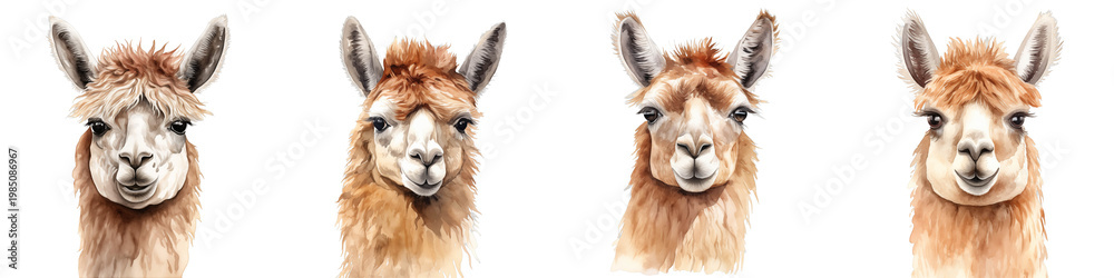 Fototapeta premium Watercolor illustration features four different llama heads in a row on a black background