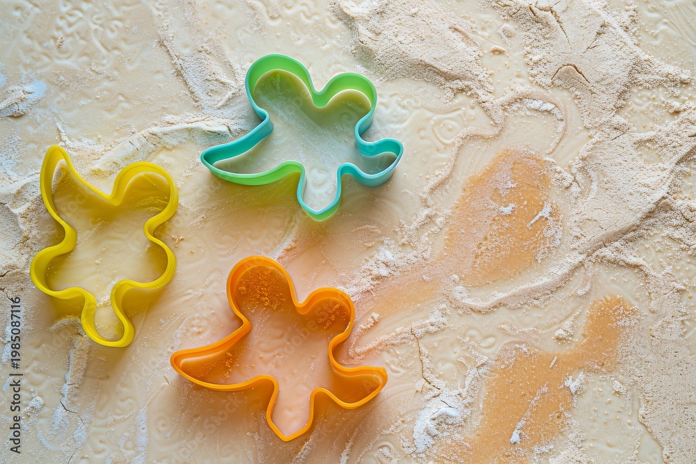 Fototapeta premium cookie cutters dough angel shape baking colorful plastic tools isolated on textured white background minimal food concept