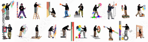 A collection of 20 vector illustrations depicting graffiti artists in various poses, wearing hoodies and masks, while creating urban street art with spray cans.