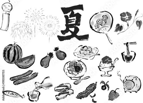 夏セット　筆書きイラスト