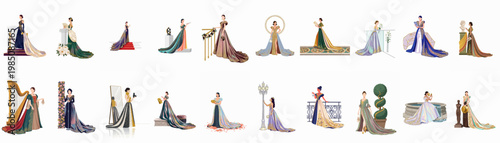 Collection of elegant women wearing ornate haute couture evening gowns in various gala and red carpet event settings on white background.