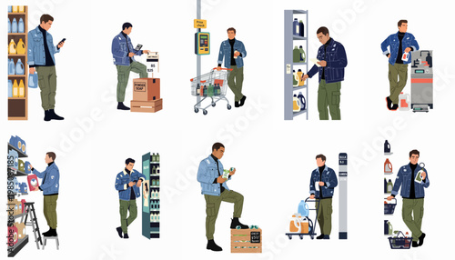 A collection of illustrations showing a man shopping for laundry detergent and household cleaning supplies in a supermarket, comparing prices and products.
