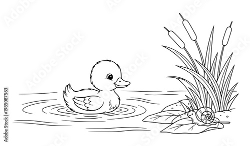 Cute Duckling Swimming in Pond Coloring Book Illustration, Baby Chick with Snail and Reeds Cartoon Outline Vector for Kids