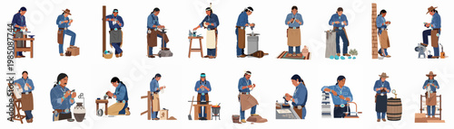 Illustrations of Native American artisans performing traditional crafts including jewelry making, pottery, and weaving, highlighting indigenous culture and manual craftsmanship.