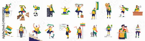 Billede på lærred Collection of enthusiastic Brazilian soccer fans celebrating, cheering, and supporting their team with flags, trophies, and various fan gear