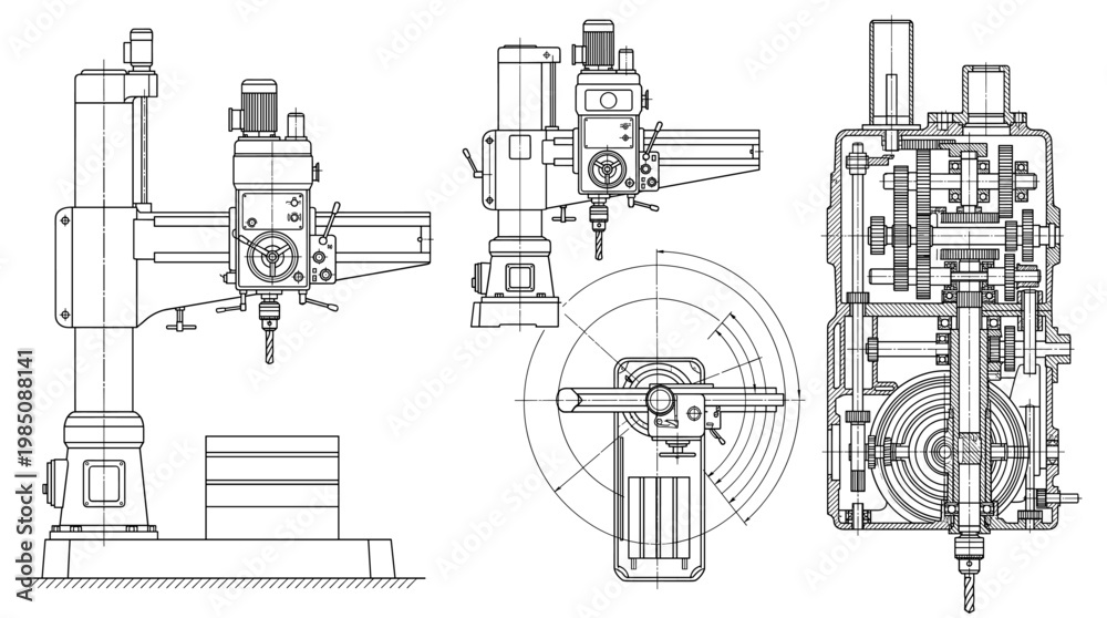 Obraz premium Drilling Machine Industrial Tool Technical Drawing Blueprint, Front Side Top and Internal Cross-Sectional Views Line Art Vector