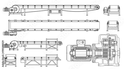 Industrial Conveyor Belt System Technical Drawing Blueprint, Front Side Top and Internal Cross-Sectional Views Line Art Vector