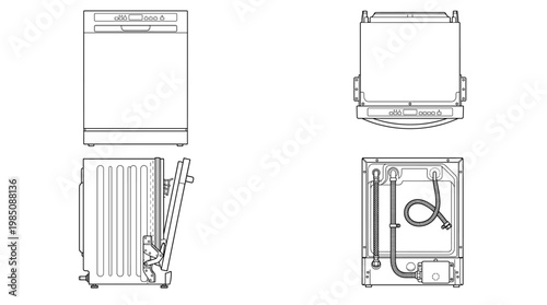 Automatic Dishwasher Home Appliance Technical Drawing Blueprint , Front Side Top and Internal Cross-Sectional Views Line Art Vector