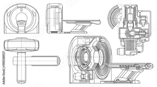CT Scanner Medical Imaging Technical Drawing Blueprint, Front Side Top and Internal Cross-Sectional Views Line Art Vector