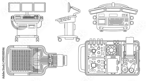 ECG Machine Medical Equipment Technical Drawing Blueprint, Front Side Top and Internal Cross-Sectional Views Line Art Vector