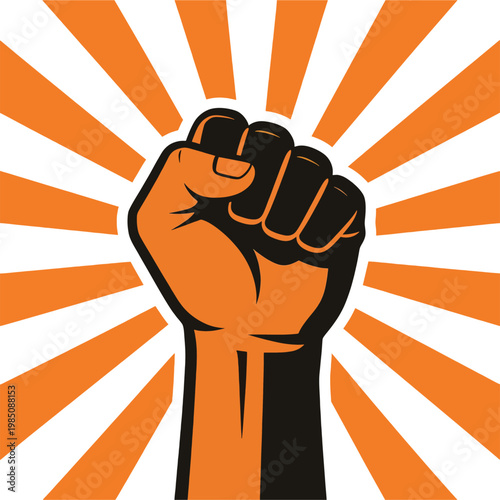 Raised Fist Symbol with Orange Sunburst Rays, Protest and Empowerment Icon