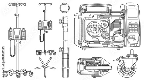IV Stand Blueprint Technical Drawing with Front, Side, Top, Cross-Section Views, Line Art Vector