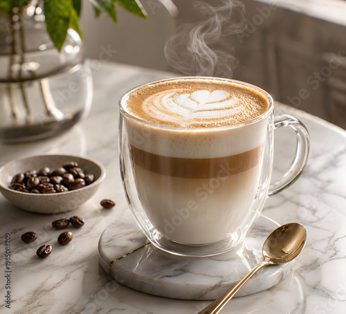 Hot latte coffee in glass cup with milk foam art steam and roasted coffee beans