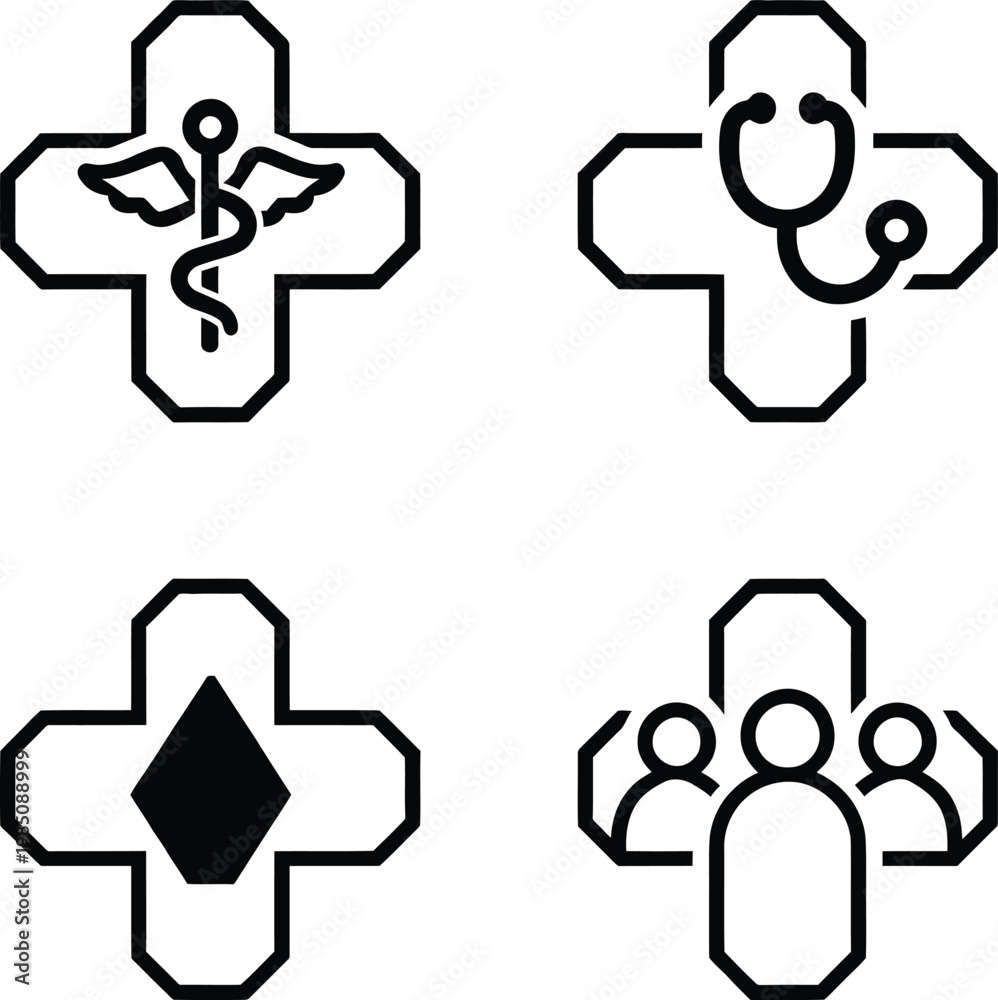 Obraz premium A modern collection of medical cross icons in bold line and solid style featuring caduceus, stethoscope, blood drop, and medical team symbols. Perfect for healthcare, hospitals, clinics, apps, UI desi