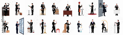 Flat vector collection of professional sommelier illustrations in various wine service and tasting poses, isolated on white background.