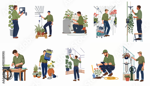 Collection of illustrations showing agricultural technicians and farmers managing modern greenhouse equipment, hydroponics, and smart farming systems.