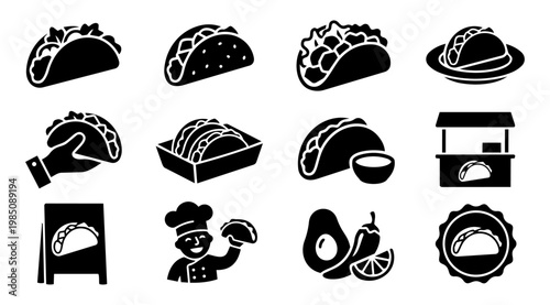 Taco Shop Silhouettes Set Mexican Street Food Restaurant Icons Black Vector