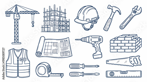 construction tools and building equipment doodle icon set hand drawn blue vector style