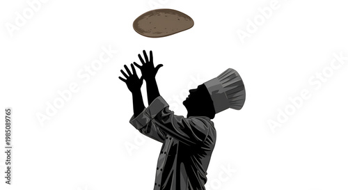A chef in silhouette tossing a pizza dough in the air with a playful expression
