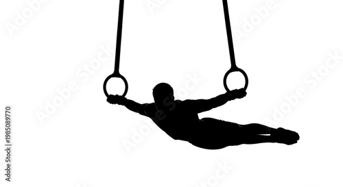 A black silhouette of a man performing gymnastics on rings against a white background