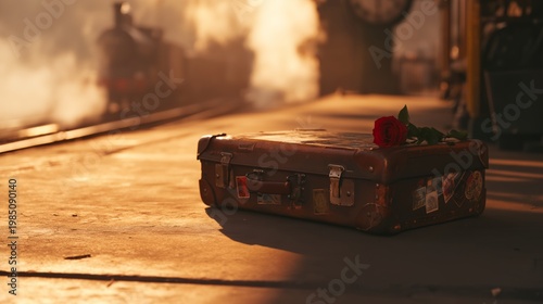 Warm light falls on a vintage suitcase