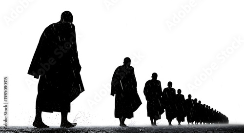 A group of people walking in a line as silhouettes against a white background